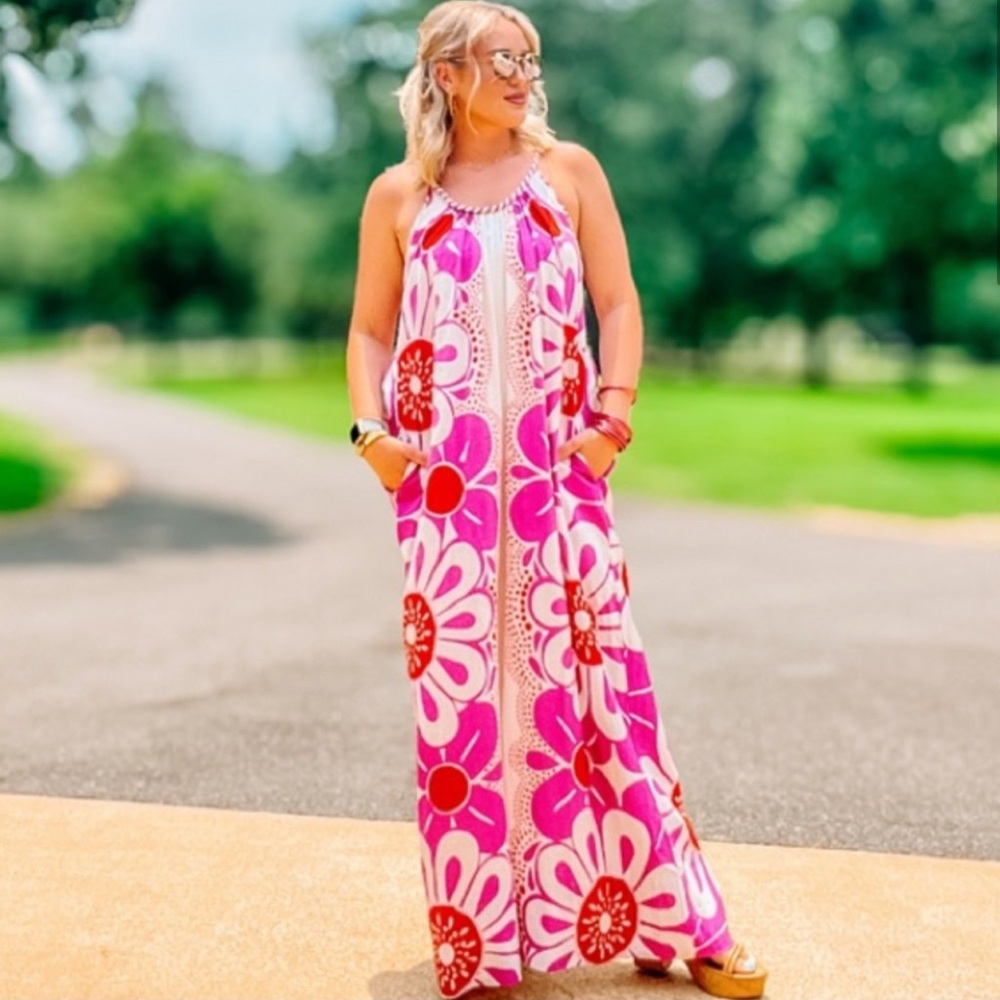 FARM Rio Pink and Red Floral Jumpsuit